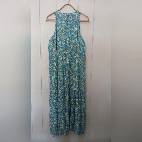 J. Jill Tiered Maxi Dress Light Oceanside Lovely Paisley Floral Teal Dress XL - Picture 7 of 8